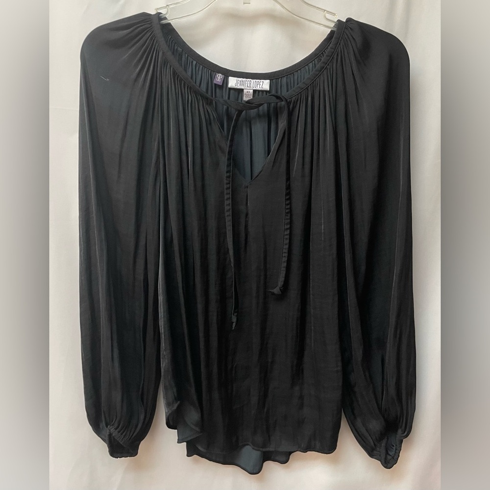 Jennifer Lopez Elegant Black Silky Blouse with Tie Detail